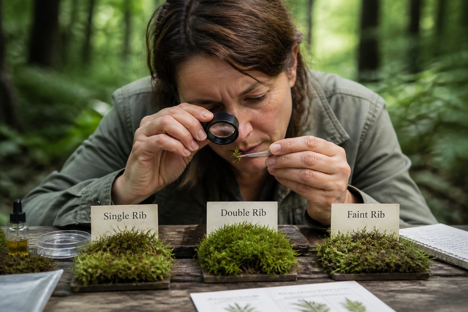 A woman examining moss samples with a magnifying glass to identify midrib characteristics in a natural setting.