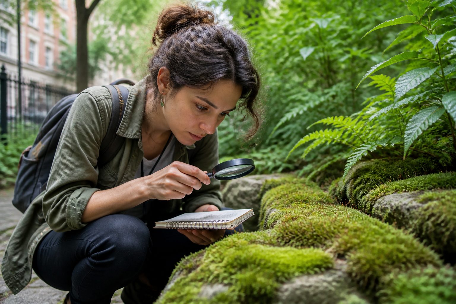 A woman examining different types of moss in an urban garden with a magnifying glass and notebook.