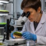 A researcher examining moss with visible rhizoids under a microscope in a laboratory.