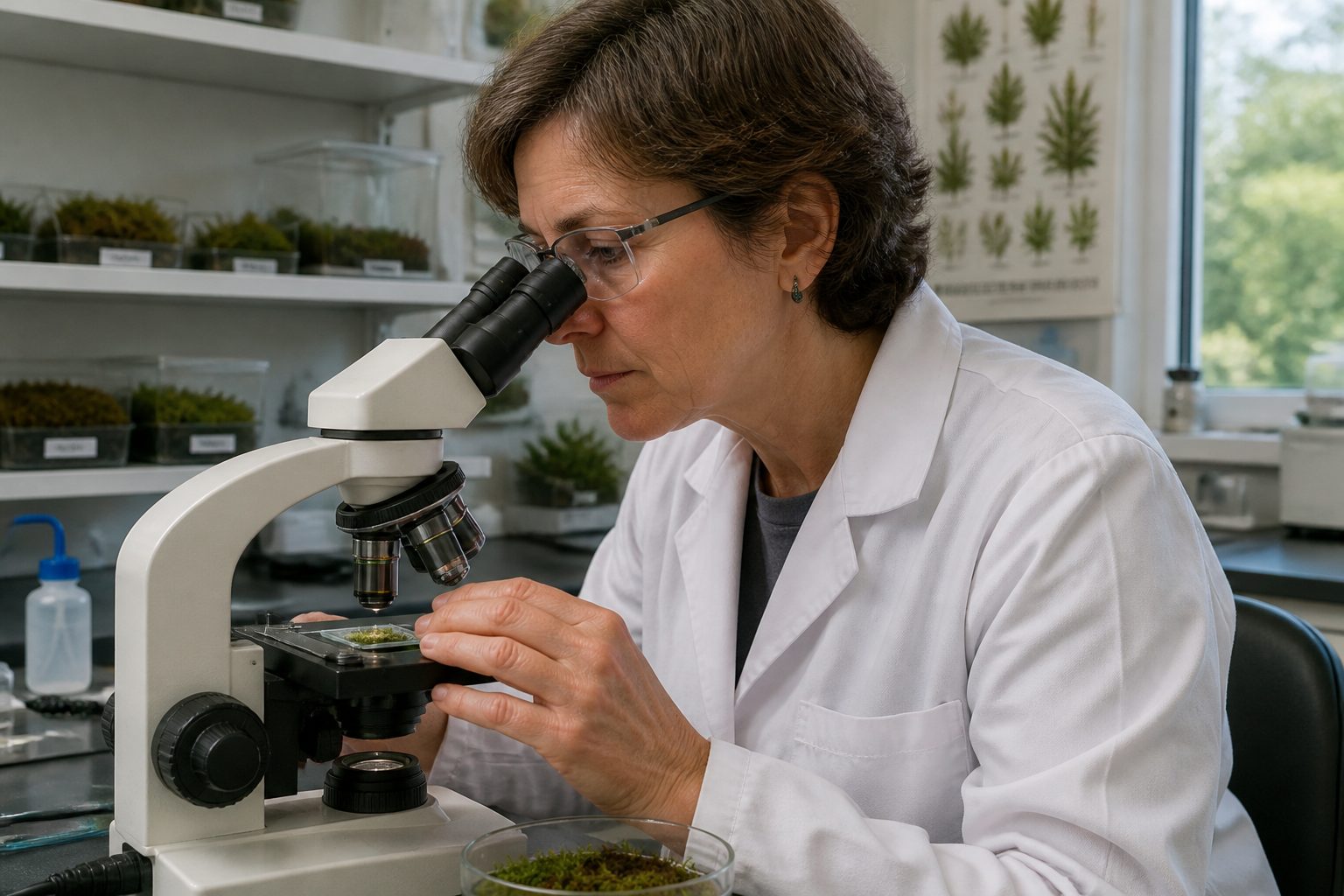 A scientist examining moss under a microscope in a laboratory, focusing on the rhizoids that reveal growth and attachment.