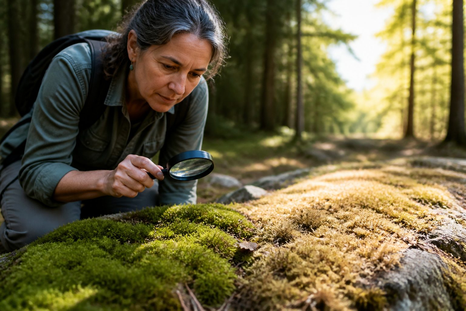 A woman examines two patches of moss, one in shade and the other in sunlight, highlighting their differences in color and texture.