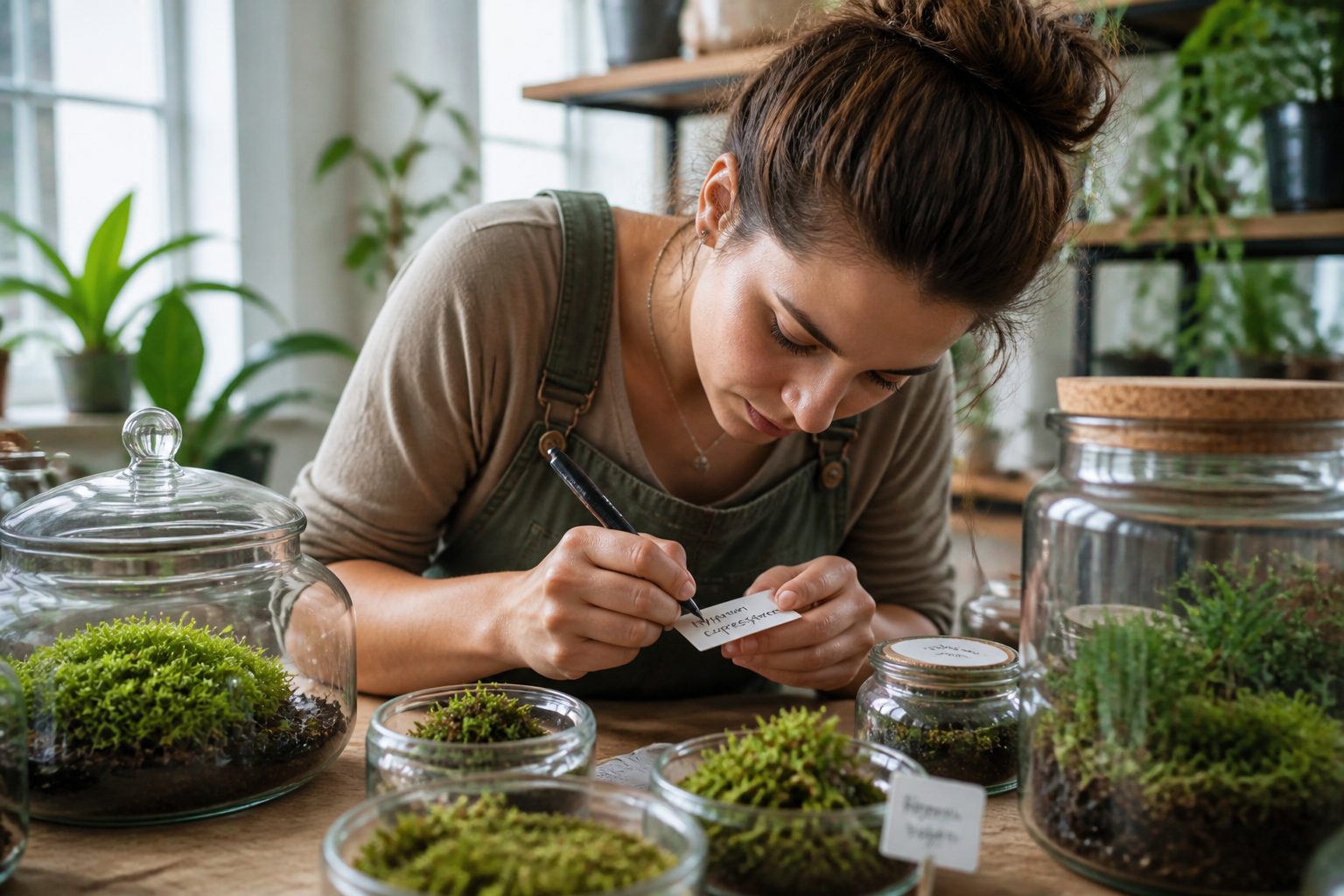 A woman labeling different species of moss in a terrarium with various glass containers around her