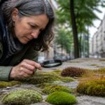 A woman examining different moss species on a city sidewalk with a magnifying glass.