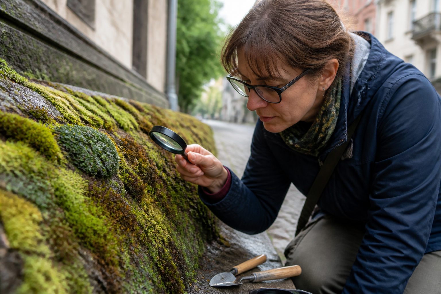 A woman examining different moss species in an urban setting with a magnifying glass