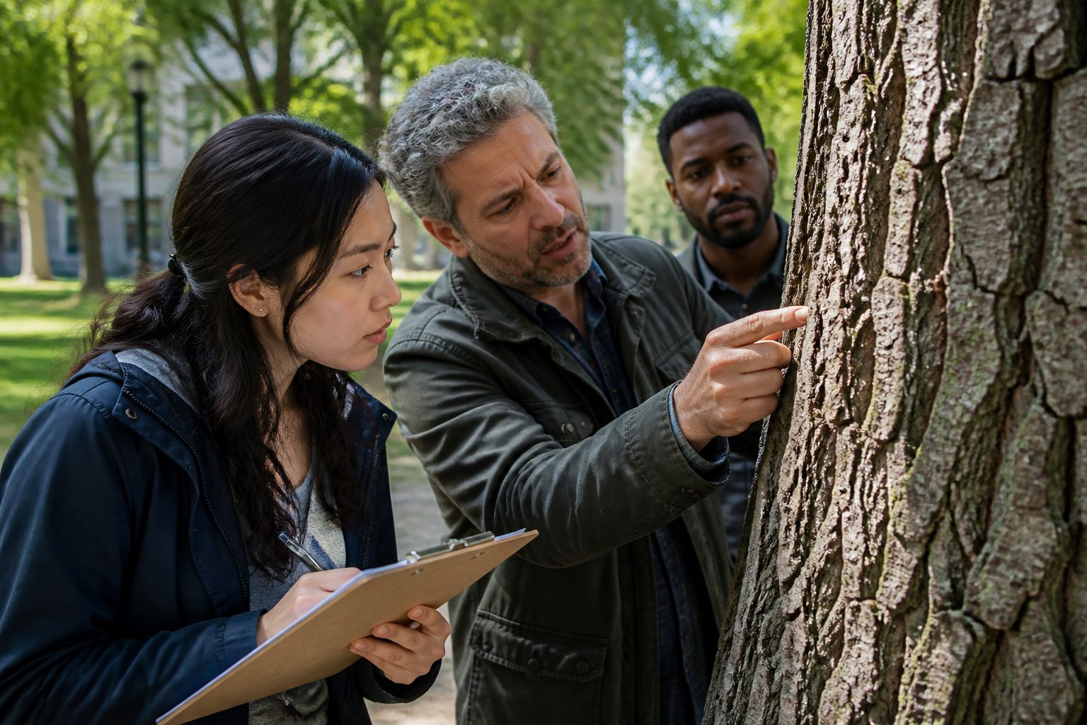 A man and a woman examining tree bark in an urban park, focusing on moss identification.