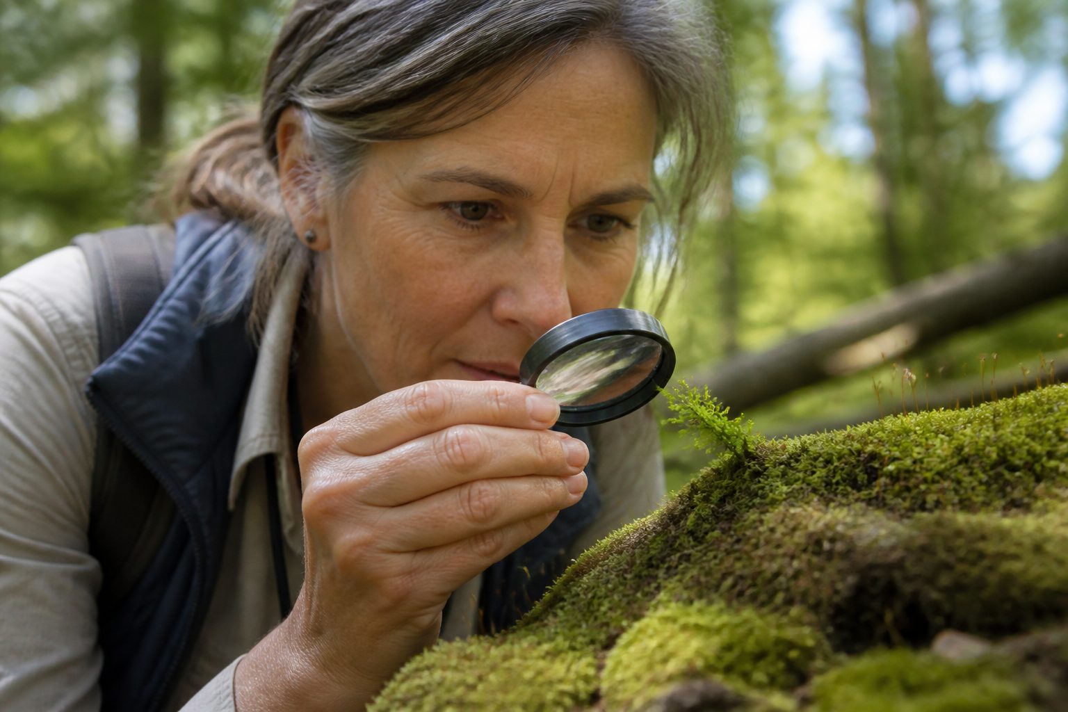 A woman examining a moss leaf with a magnifying glass in a forest, focusing on its anatomy.