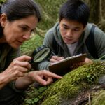 A woman and a man studying moss leaf anatomy in a forest, with the woman using a magnifying glass and the man taking notes.