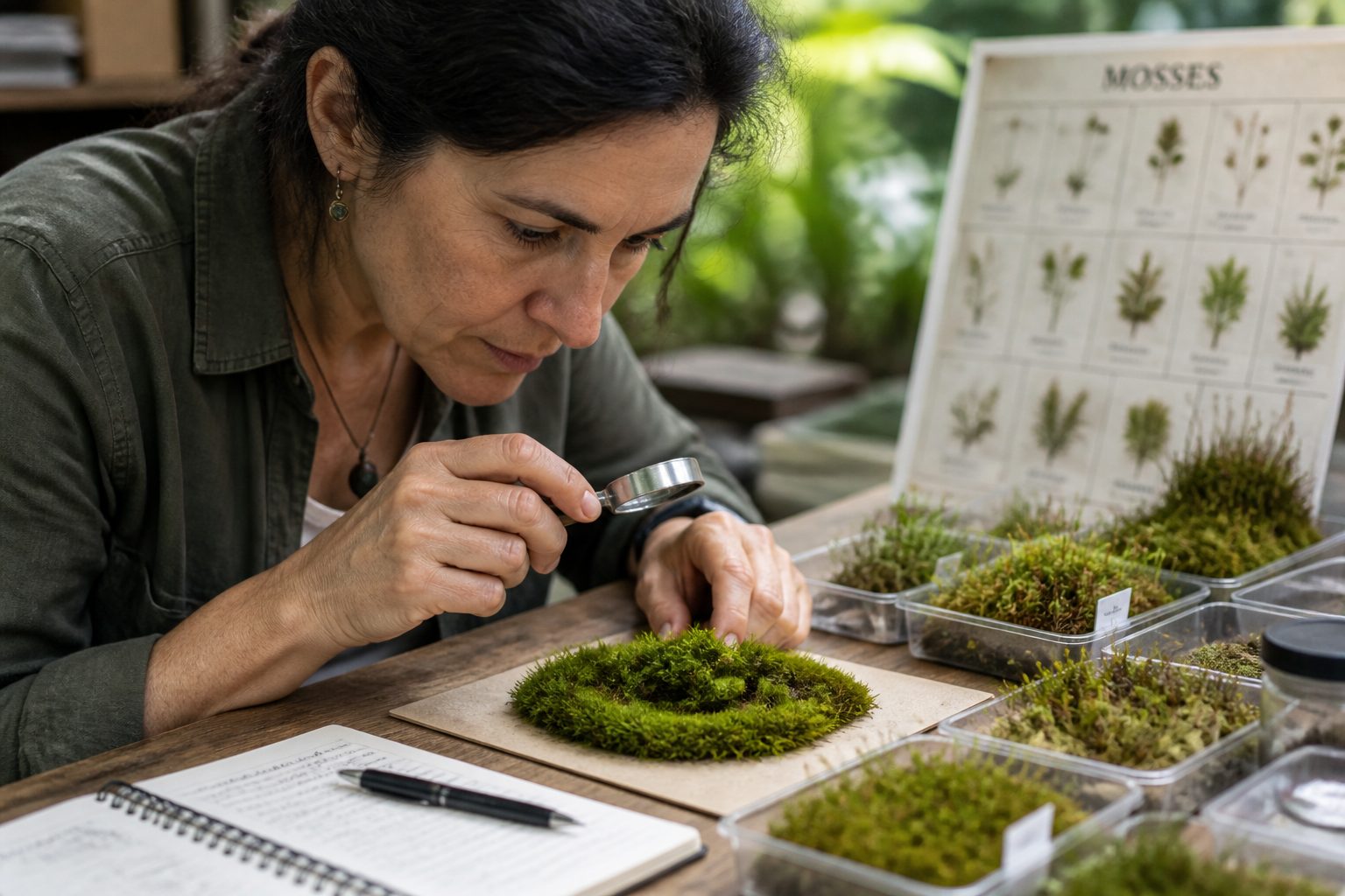 A botanist examining moss leaves arranged in a spiral pattern with a magnifying glass