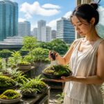 A woman misting moss in an urban garden on a sunny day