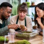 Three people discussing moss moisture retention while examining a substrate mix in a workshop.