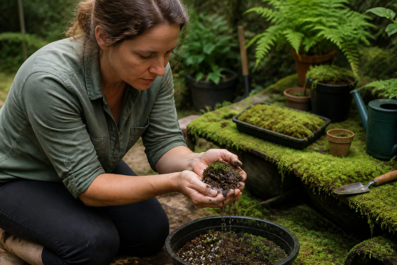 A woman examining a substrate mix for moss cultivation in a garden, holding moss and soil while kneeling on the ground.