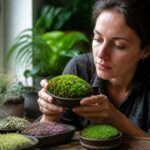 A woman examining various types of moss in pots on a wooden table in a bright indoor setting.