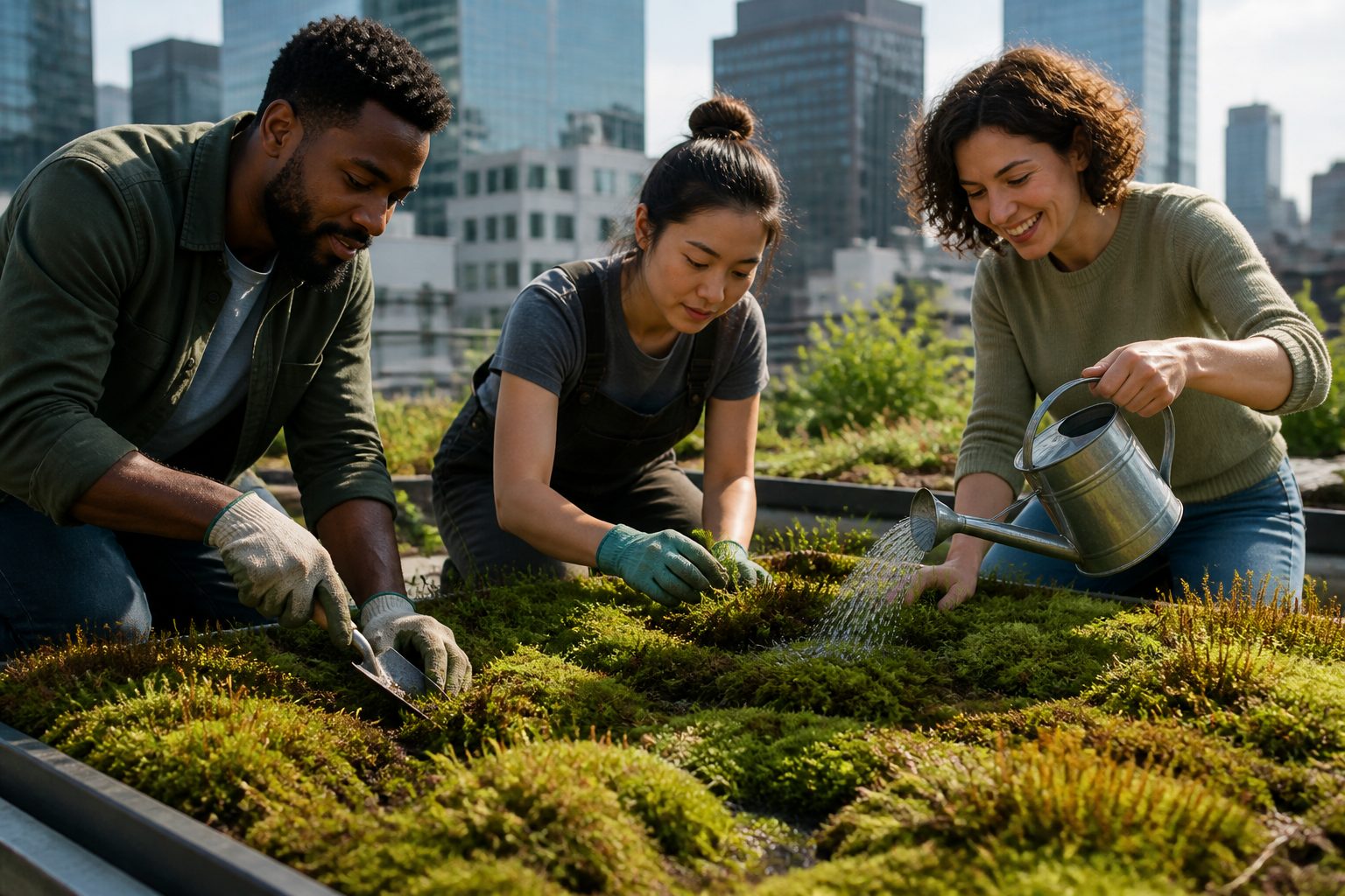 Three people working on moss propagation in a rooftop garden in an urban setting