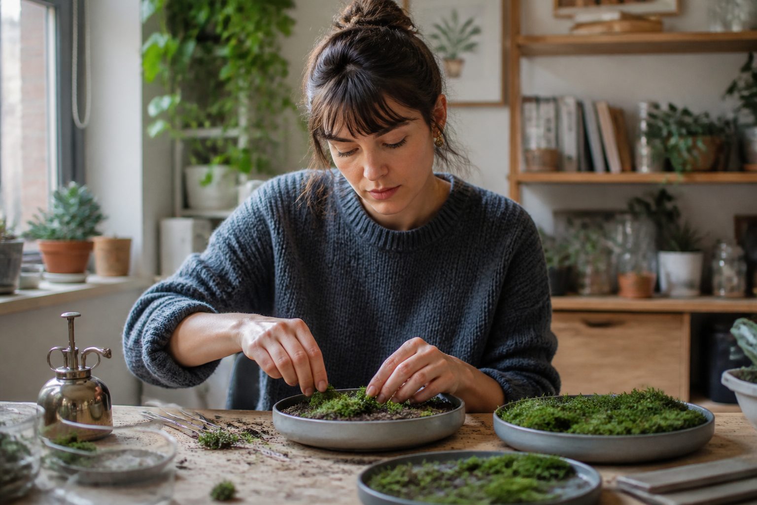 A woman propagating moss in shallow dishes in her home office