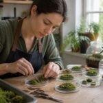 A woman propagating moss in shallow dishes on a desk, surrounded by gardening tools.