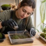 A woman in gardening gloves sprinkles moss spores onto a substrate in a clear tray, surrounded by potted moss plants and gardening tools.