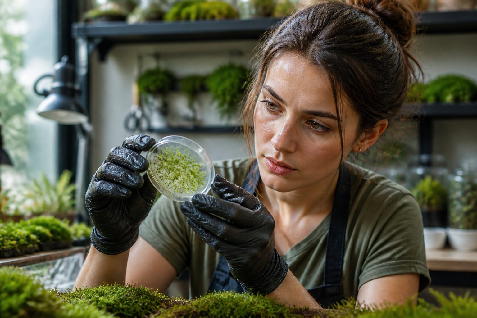 A woman examining a petri dish with moss spores in a bright indoor garden setup