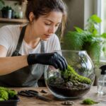 A woman placing moss into a terrarium in a bright indoor setting, demonstrating moss propagation techniques.