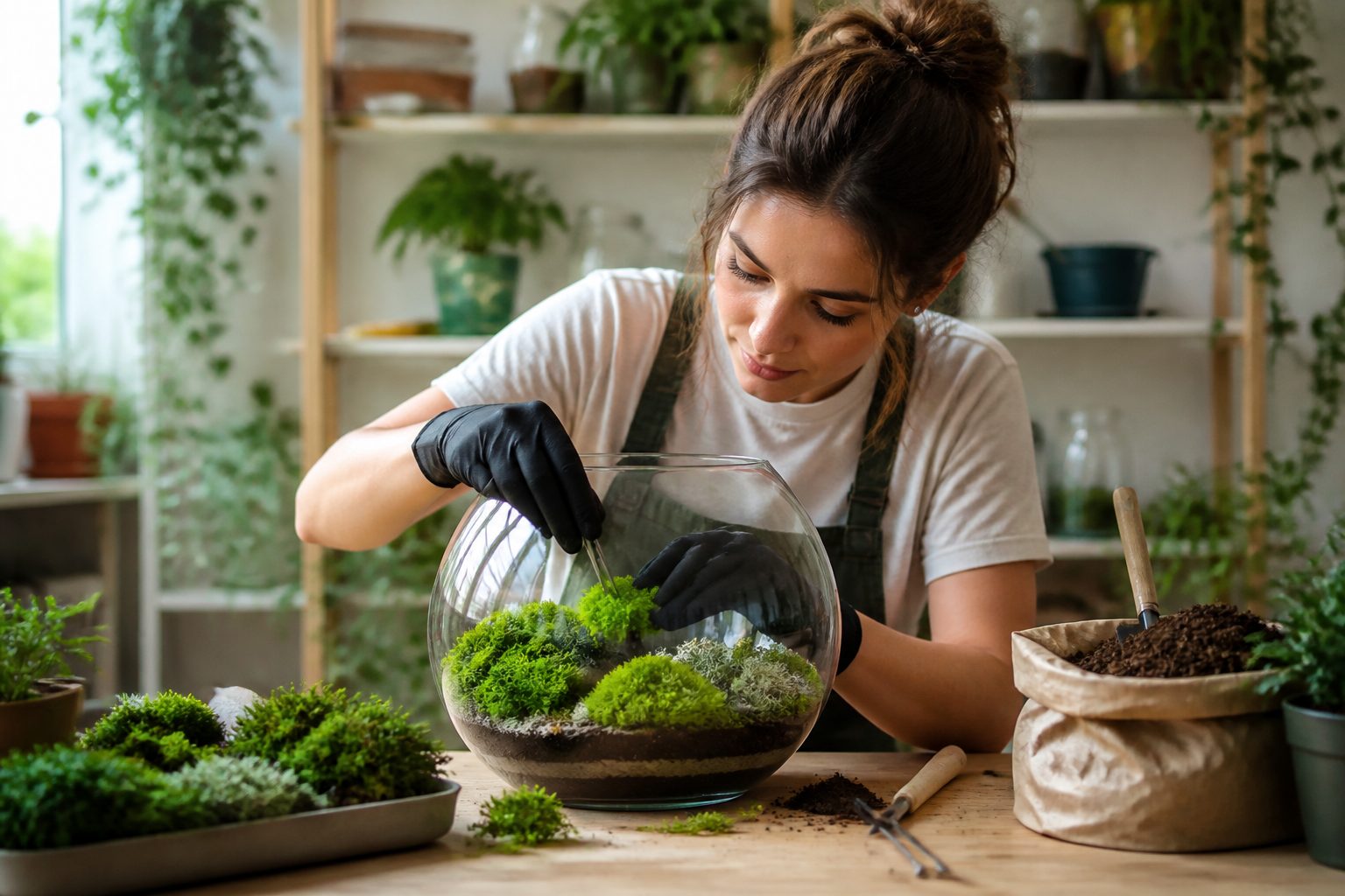 A woman arranging moss in a glass terrarium in a bright indoor space.