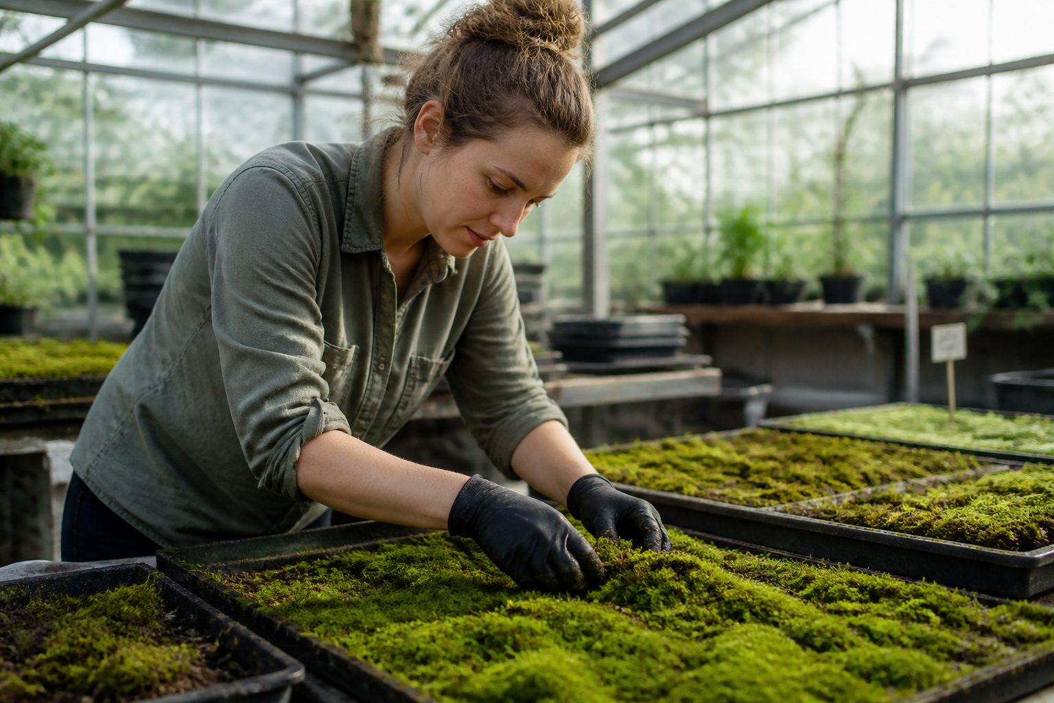 A woman propagating moss in trays inside a greenhouse, showcasing the process of expanding moss supply.
