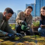 Three people on a rooftop garden working on moss propagation, with one man placing moss, one woman watering it, and another taking notes.