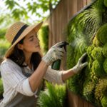 A woman tending to a vertical moss panel in an urban garden, misting the moss with a spray bottle.