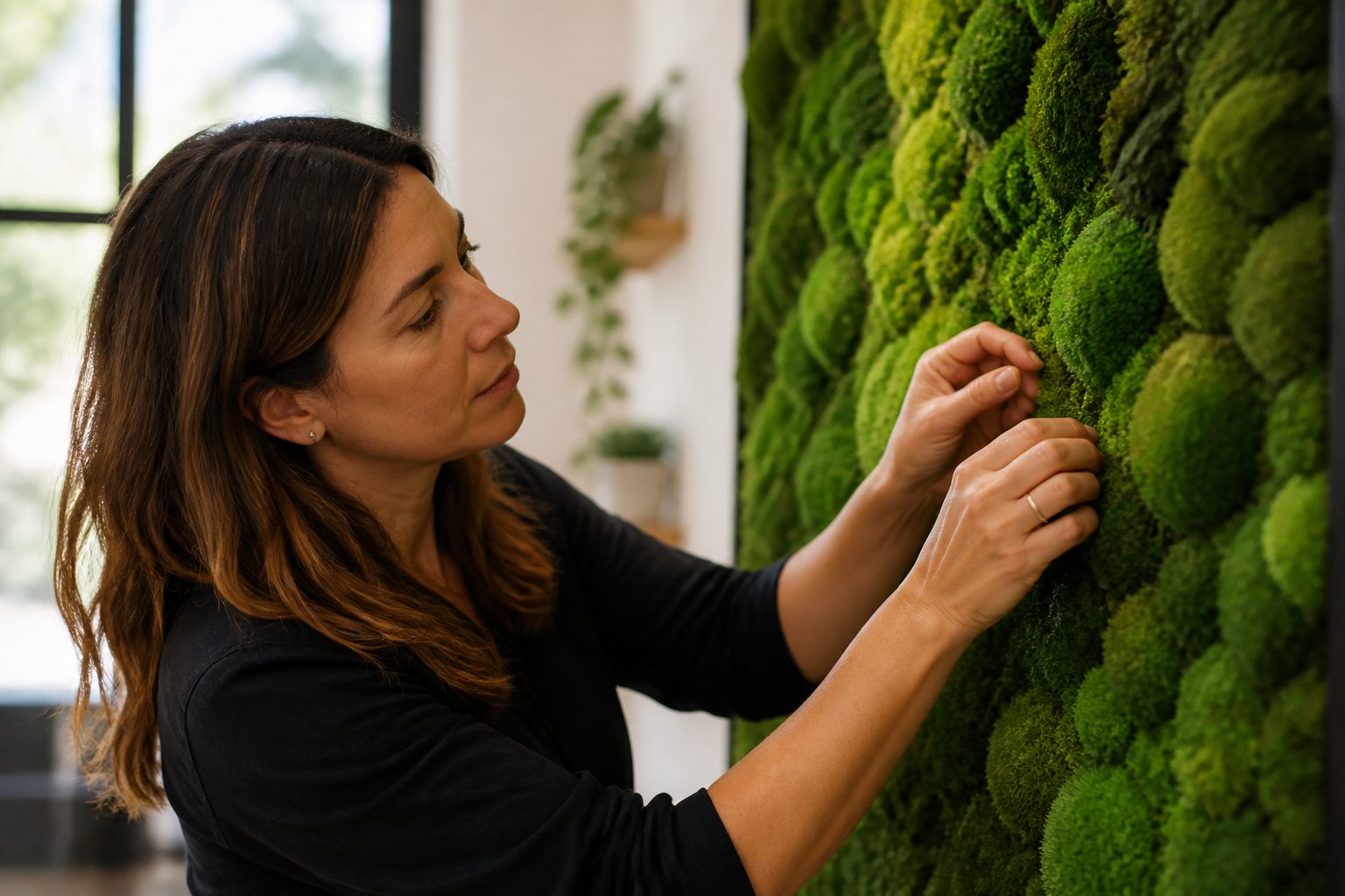 A woman arranging moss on a vertical panel indoors, focusing on moss propagation.