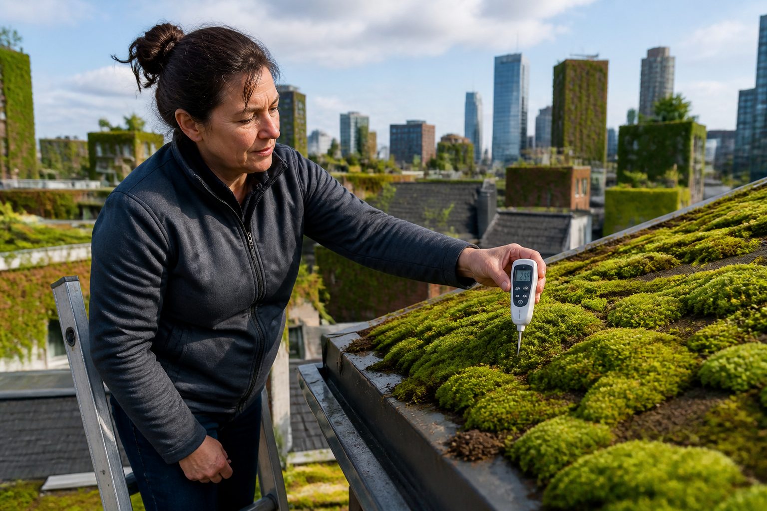 A woman measuring the temperature of a moss-covered roof in a city using a digital thermometer.