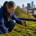 A woman measuring the temperature of a moss-covered roof in an urban environment using a digital thermometer.