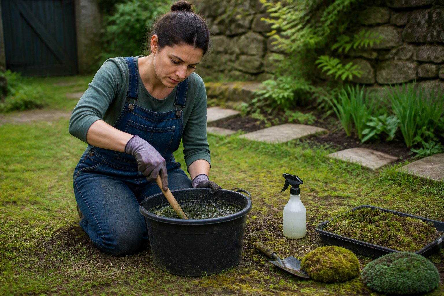 A woman mixing moss slurry in a bucket while kneeling on grass, surrounded by gardening tools and patches of moss.