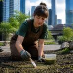 A woman applying moss spore slurry to soil in an urban setting
