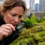A woman examining moss sporophytes with a magnifying glass in an urban garden
