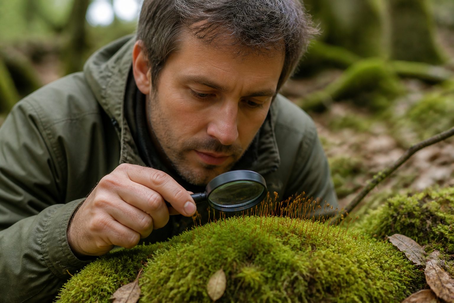 A male botanist examining moss sporophytes with capsules and stalks in a forest setting