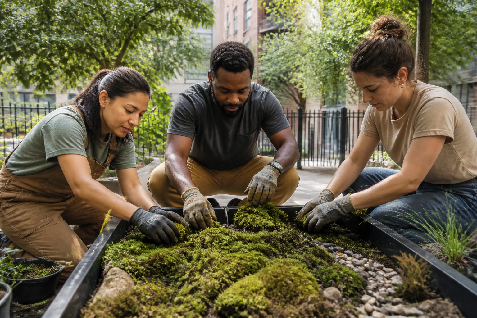 Three people working together to build a moss-based stormwater planter in an urban garden
