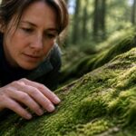 A researcher examining the texture of moss outdoors, highlighting its surface roughness.