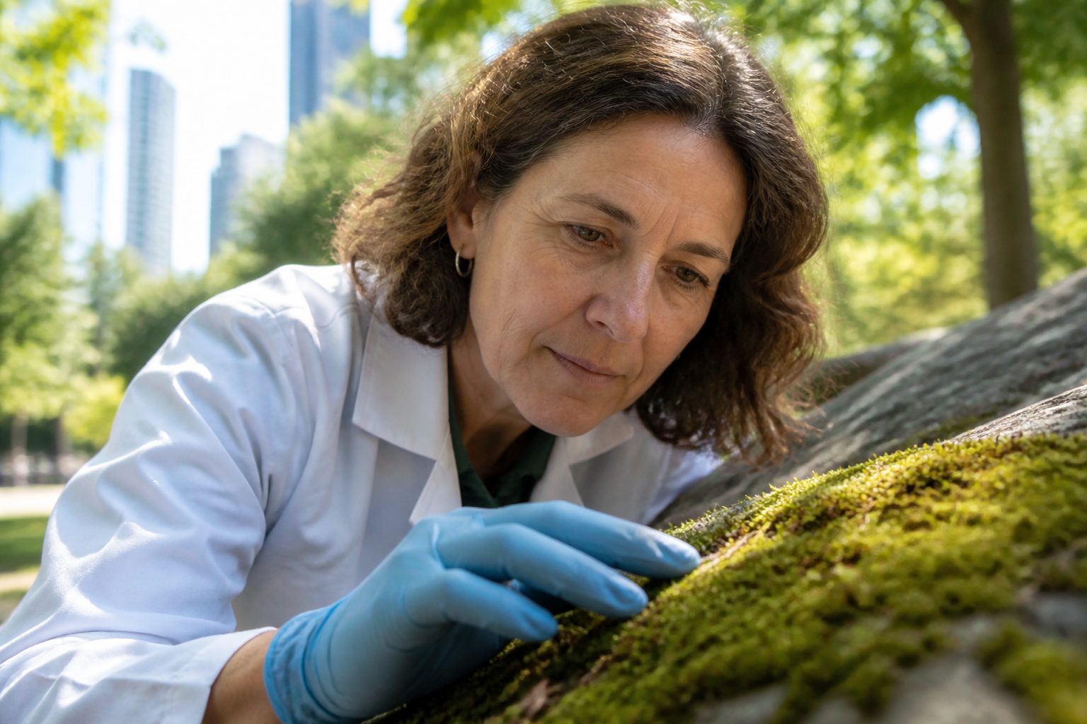 A scientist examining the texture of moss on a rocky surface in an urban park.