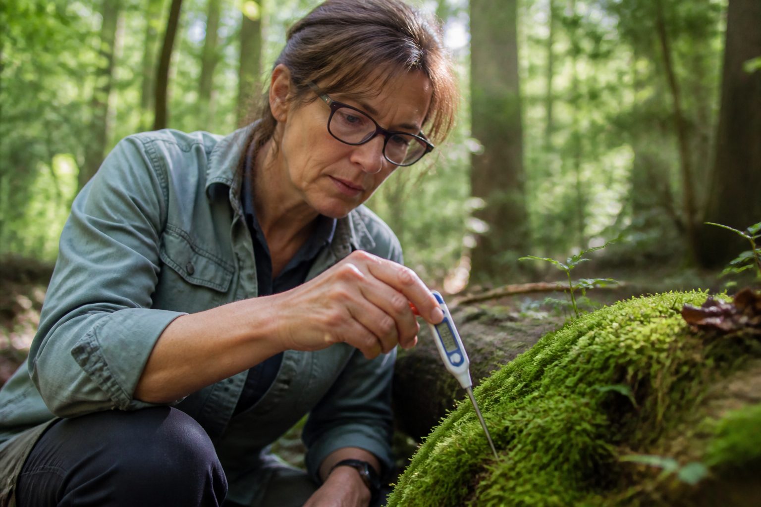 A scientist measuring the temperature of moss in a forest to study thermal lag effects.