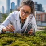 A scientist measuring moss thickness and moisture in an urban garden