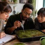Three people conducting a moss tray heat experiment in a kitchen, with one measuring temperature, one taking notes, and one observing the moss.