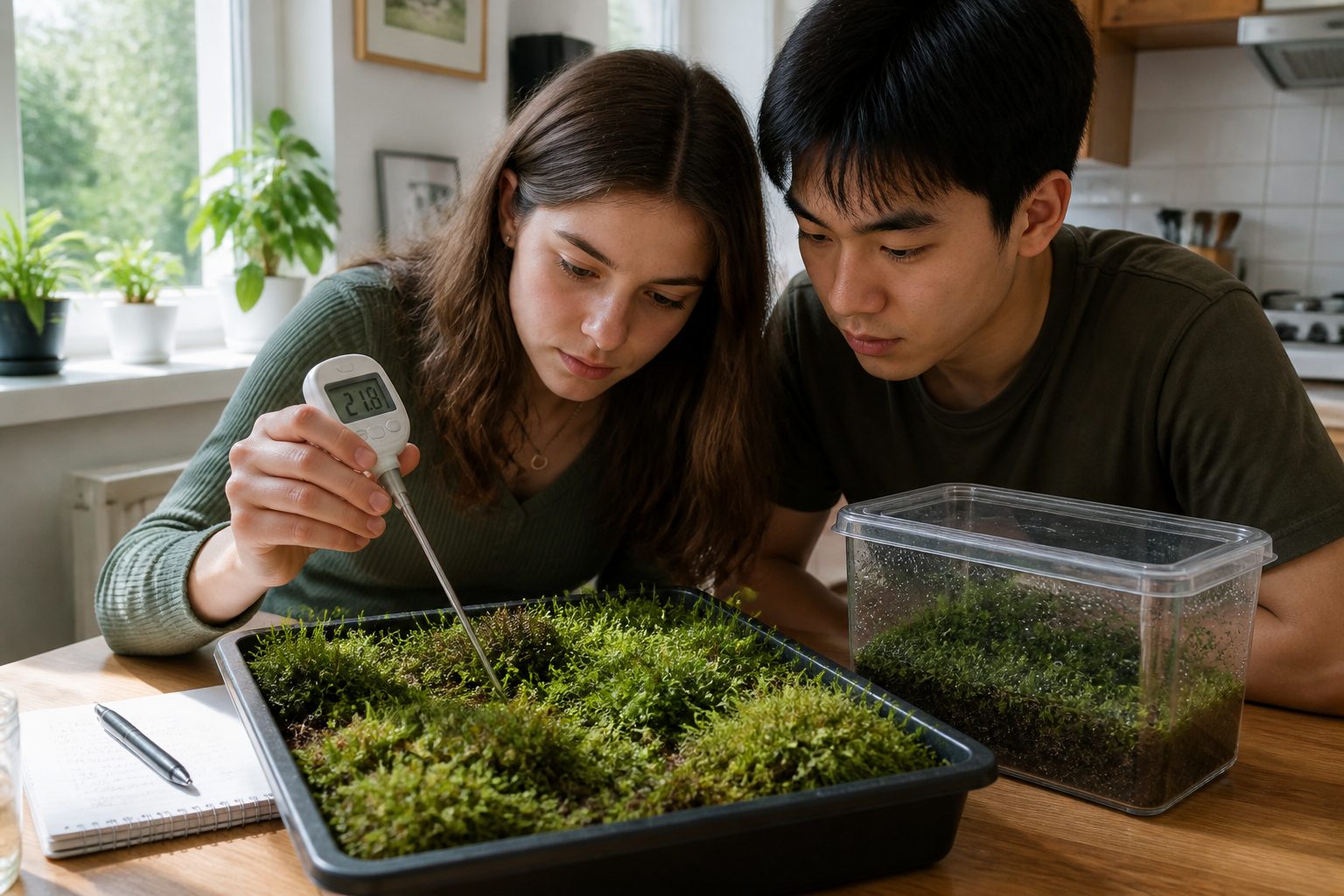 A young woman measuring temperature of a moss tray while a young man observes in a bright kitchen.