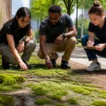 Three people studying moss on urban surfaces to understand its effect on heat absorption