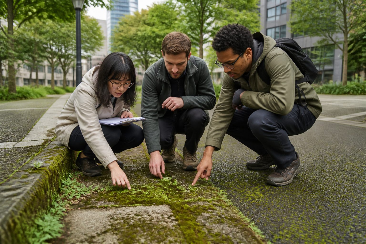 Three individuals examining moss on urban surfaces in a city park, focusing on how color and moisture affect heat absorption.
