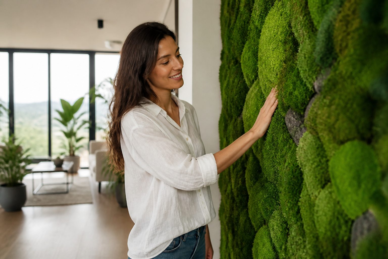 A woman touching a lush green moss wall in a bright apartment, illustrating the concept of passive humidity buffering.