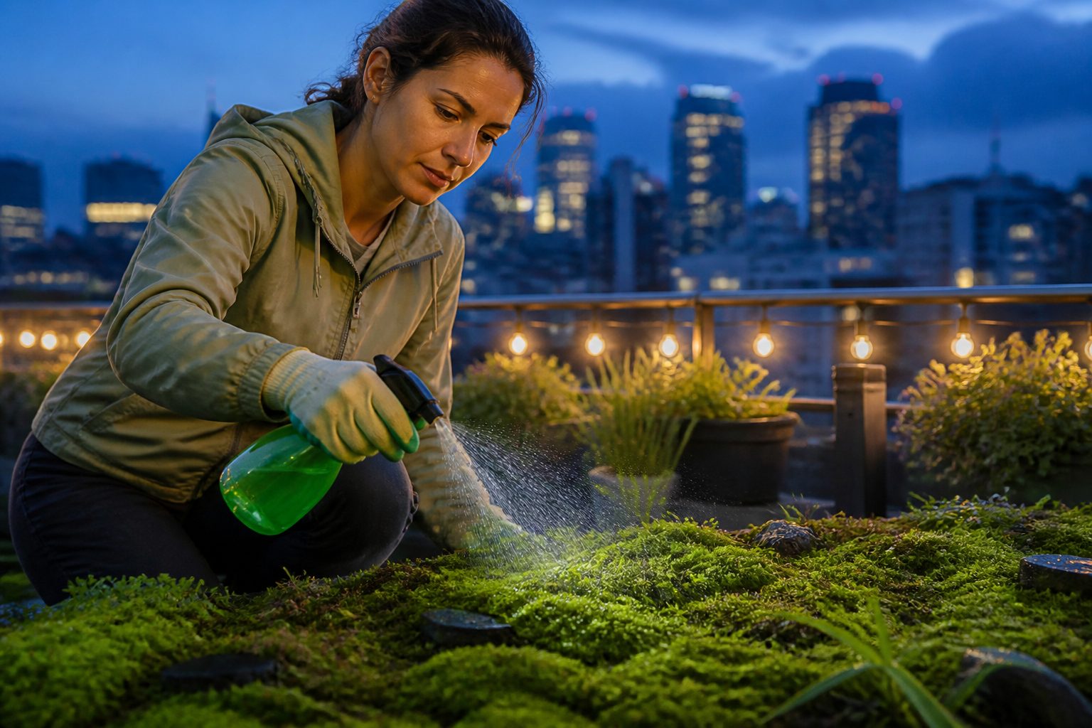 A woman misting moss in an urban garden at dusk to support plant growth