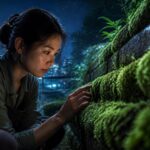 A woman inspecting moss in an urban garden at night, showcasing condensation and nighttime microclimates.