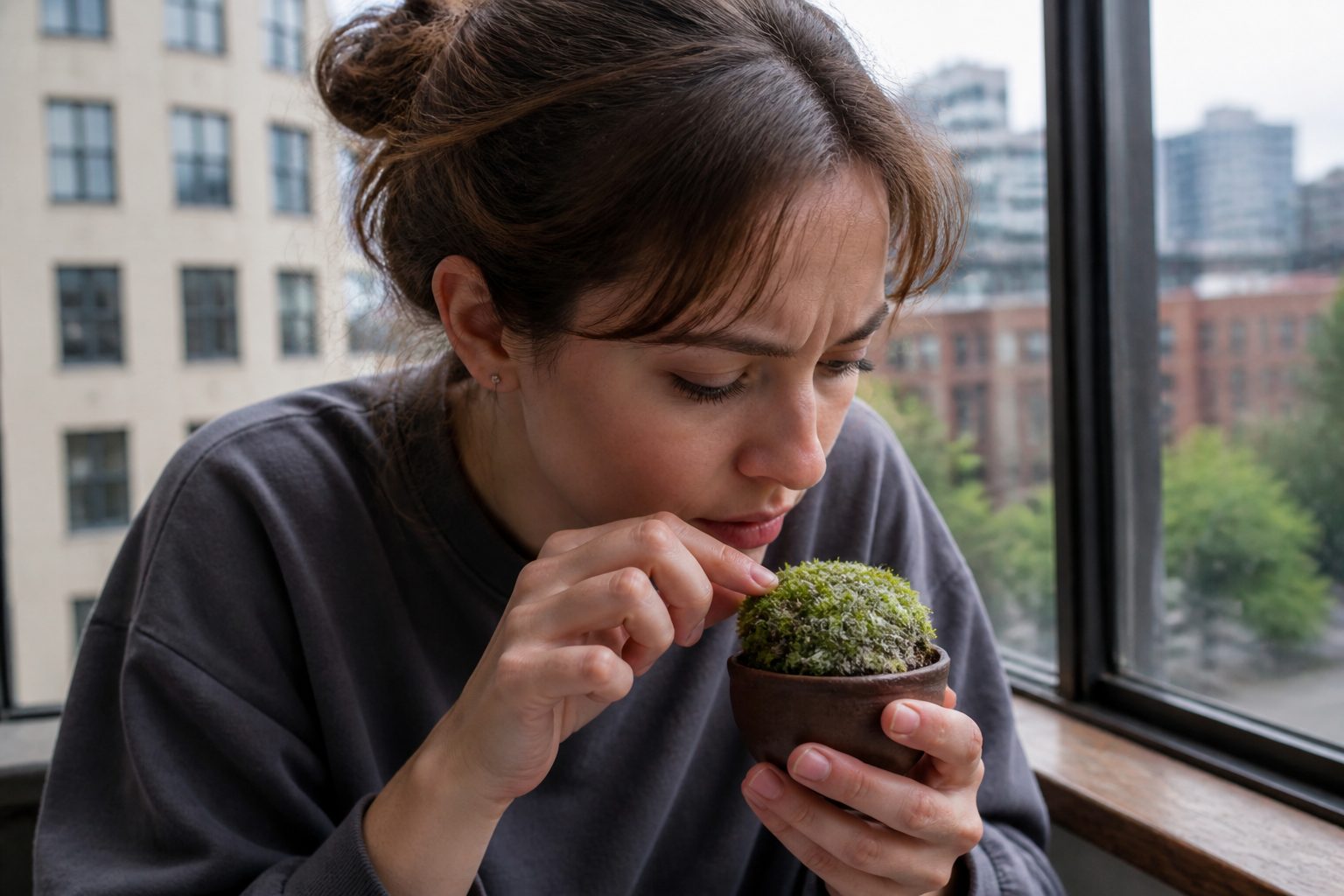 A woman inspecting a potted moss plant for salt buildup in an urban setting