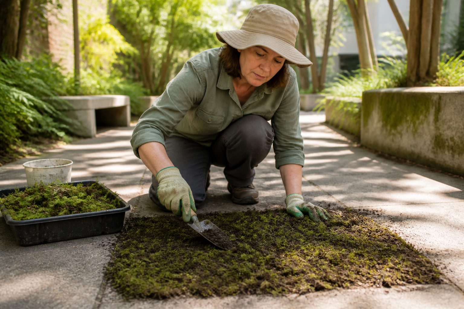 A woman propagating moss on concrete using a hand trowel in an urban garden setting