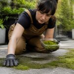 A woman kneeling on concrete, preparing to propagate moss with a container of moss in her hand.
