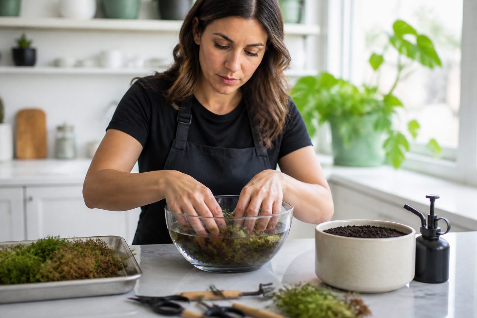 A woman rehydrates dried moss in a glass bowl in a kitchen, preparing for propagation.