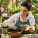 A woman propagating moss fragments in her urban garden.